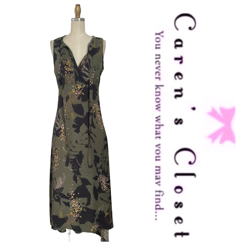 Bar III Olive Green Organic Print Sleeveless High Low Midi Dress - Picture 10 of 11